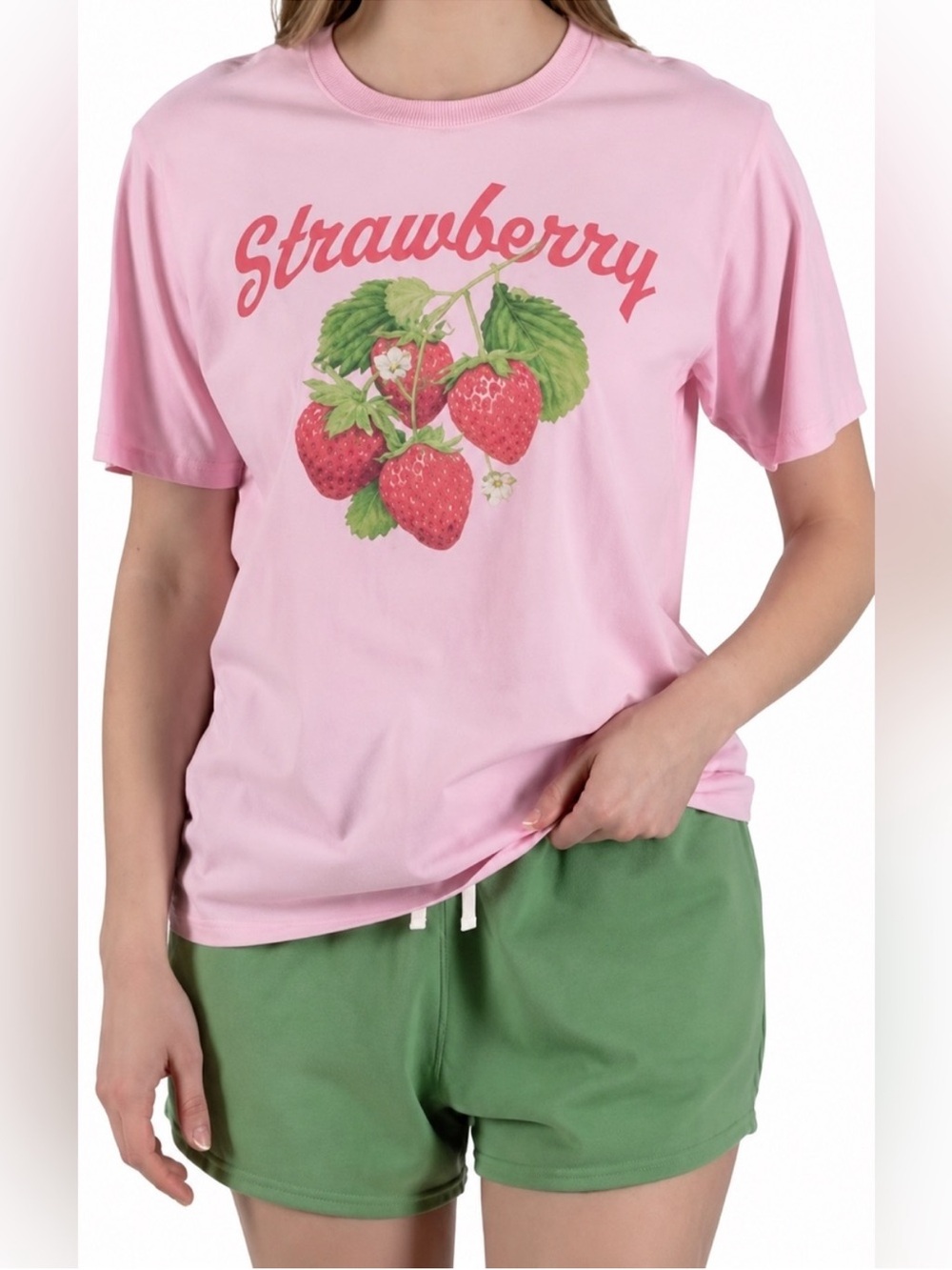Matching Set: Pink 'Strawberry' Graphic Tee with Green Jersey Shorts
